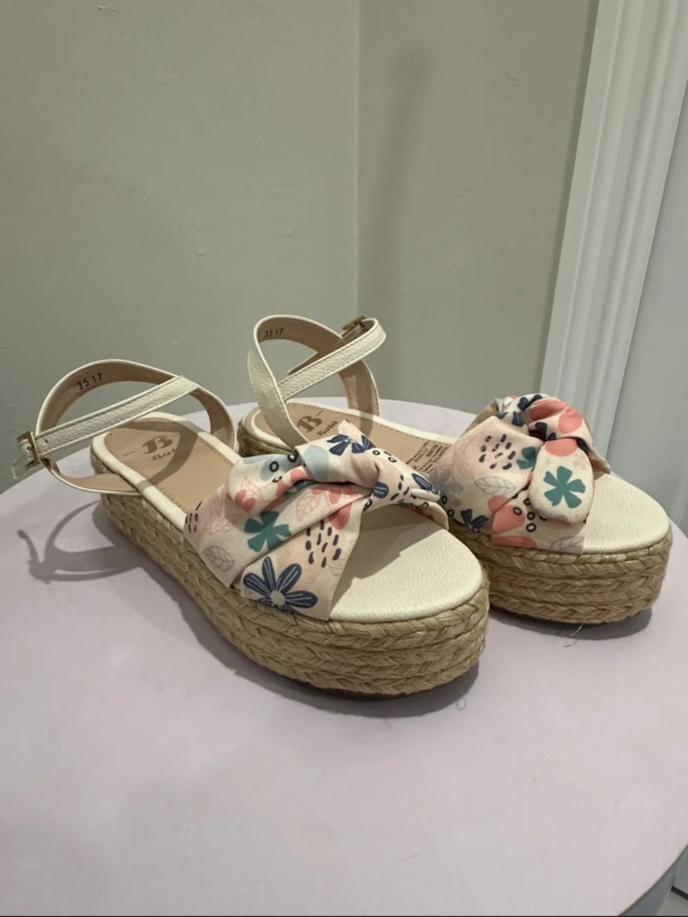 Floral Bow Espadrille Wedge Sandals — Cream with Pink & Blue Accents
